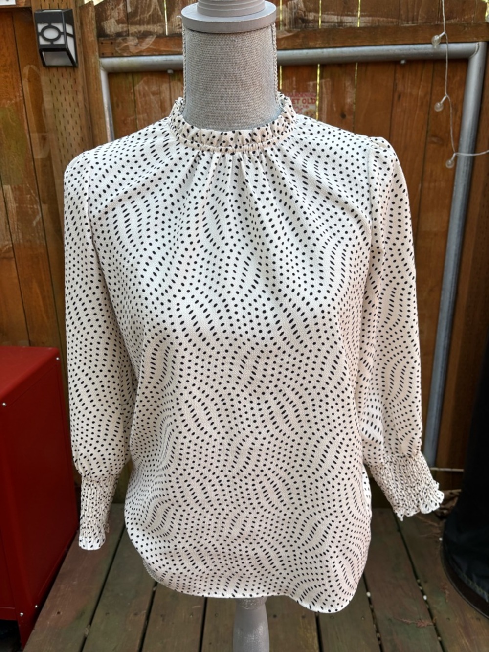 Carolina Belle Dest to Dinner Cream Blouse with Black Dot Wave Print XS